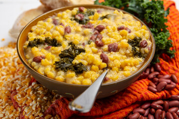Cachupa, A hearty vegan delicious Cape Verdean stew packed with fresh, flavor veggies, traditional hominy corn soup or stew and Portuguese bread