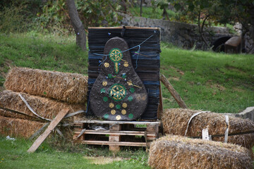 target board for shooting arrows in farm with green grass