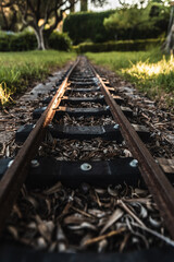 Fototapeta premium Detail of the old sleepers that hold the rails of a small train track.