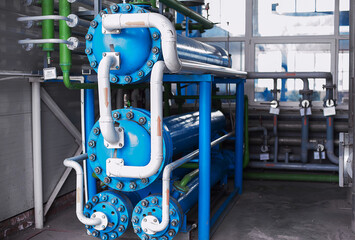 Heat exchanger. Air separation unit. Cryogenic industrial plant. Liquid oxygen factory. Tube and vessel
