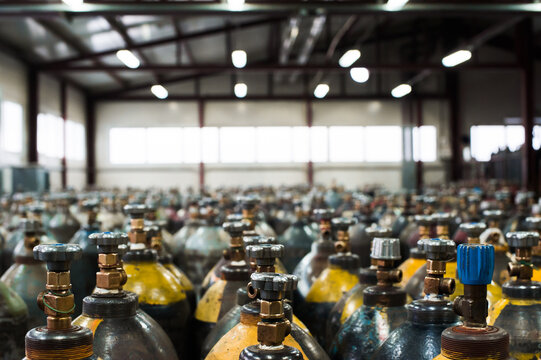 Cilinder with mixed gases. Tanks with compressed gas for industry. Liquefied oxygen production. Factory