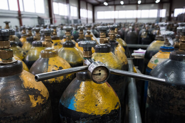 Pressure Tank and Regulator Gauges. Man checking manometer in liquid gas factory