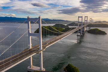 Kurushima Kaikyo Bridge, Aerial View at Sunset over Japans Inland Sea