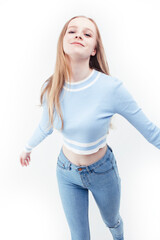 Fototapeta premium young pretty stylish blond hipster girl posing emotional isolated on white background happy smiling cool smile, lifestyle people concept
