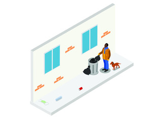 Poverty vector concept. Homeless man searching food and valuables in the trash bin while walking with his dog on the roadside