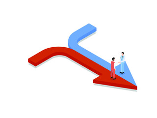 Teamwork agreement vector concept. Two businessmen handshaking together while standing on two merging yellow and green lines