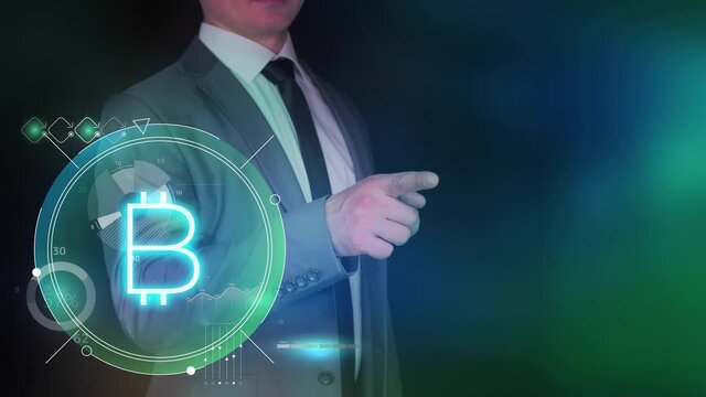 Businessman and infographics about bitcoin in augmented reality.