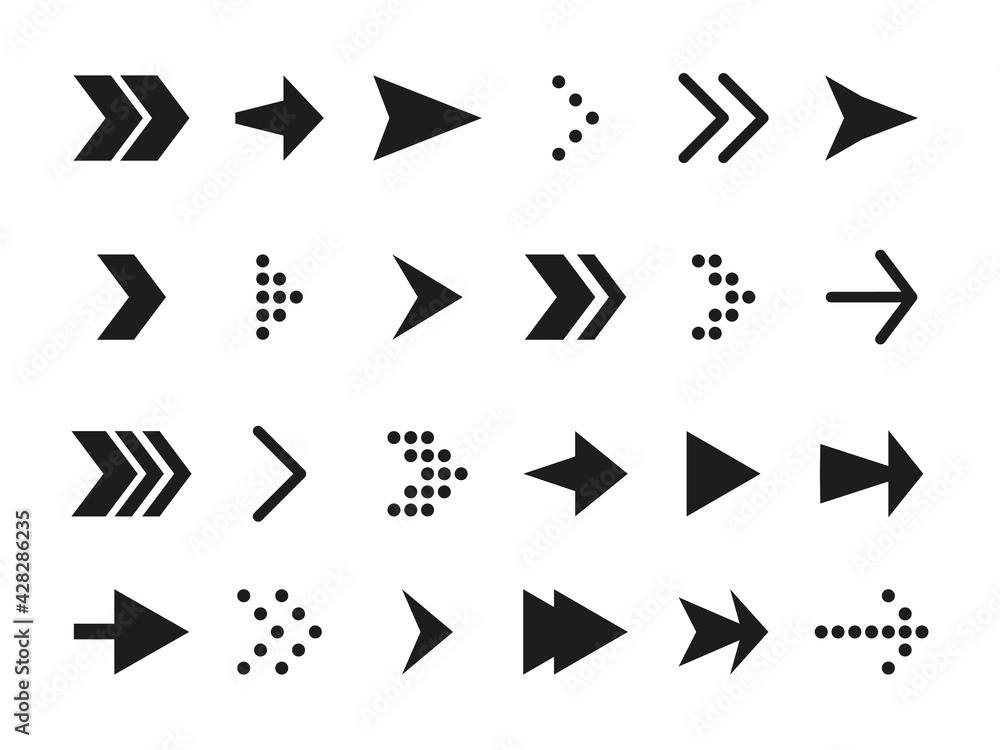 Poster black arrow icon set. flat and dotted modern pointer cursor. line navigation sign graphic symbol up,