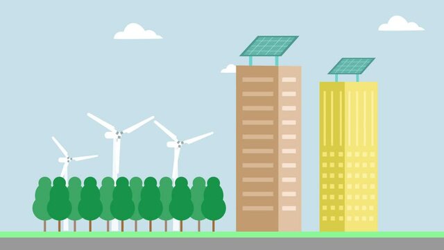 Two skyscrapers using solar panel and windmill