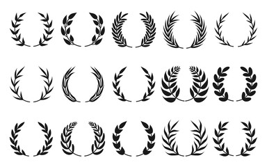 Set of black circular laurel branches. Vintage foliate wreaths collection. Icon of trophy crest, winner round emblem or olive branch award. Great for cards, logos, game apps, web. Vector illustration