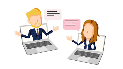 PCの画面から飛び出して会話するスーツ姿の男性と女性のイラスト	
