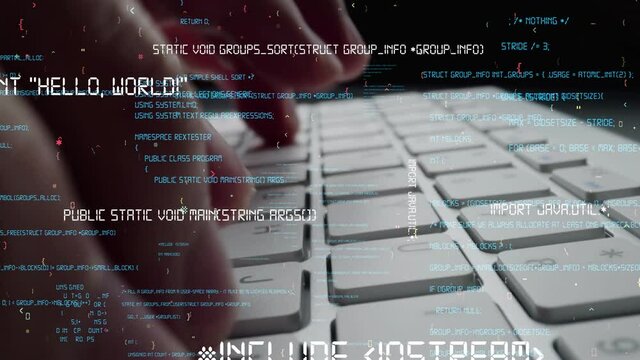 Creative visual of computer programming coding and software development shown by man working on computer keyboard with overlay of computer graphic displaying abstract program codes and computer script