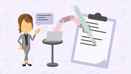 音声で機械を操作して文字を書く人物のイラスト	