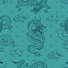 Seamless Art Japanese Repeat Pattern Bright and Dark Green Three Dragon Flying  with Mountain and Cloud on Japan Diamond Pattern Pale Green Background for Wrapping Paper