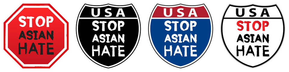 Set of stickers or badges. Red octagonal sign and rounded shields. Inscription. Stop Asian hate