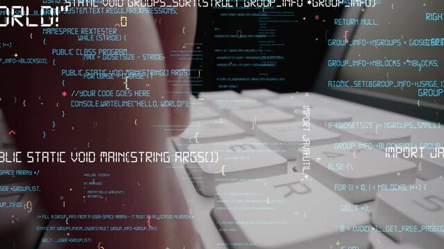 Creative visual of computer programming coding and software development shown by man working on computer keyboard with overlay of computer graphic displaying abstract program codes and computer script