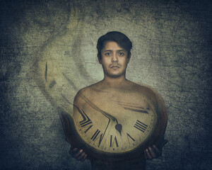 Time passing by concept. Time fading away. A young man holding a clock that is fading away.