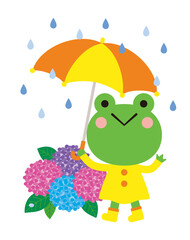 傘を差したカエルと紫陽花 梅雨の季節のイラスト
