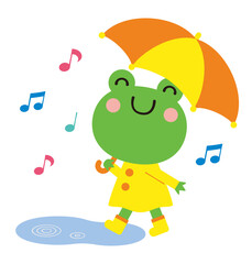 Obraz premium 傘を差したカエルと水たまり 梅雨の季節のイラスト