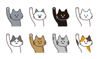 Fototapeta premium 手を挙げる様々な猫種の猫イラストセット