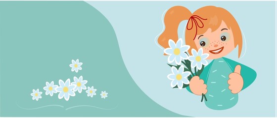 Happy little girl gives flowers. Baby with a bouquet of daffodils. Postcard for mother's day. Cute childish emotions. Cartoon character. Vector illustration for greeting cards, social networks.
