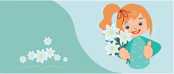 Happy little girl gives flowers. Baby with a bouquet of daffodils. Postcard for mother's day. Cute childish emotions. Cartoon character. Vector illustration for greeting cards, social networks.
