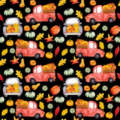 Seamless autumn pattern with pumpkin and leaves. Halloween mood