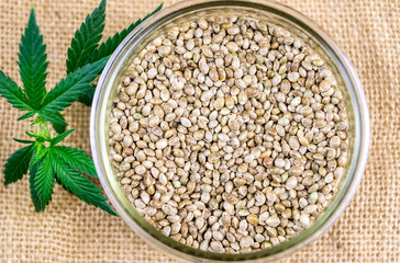 Cannabis seeds in glass jar on hemp cloth with hemp leafs