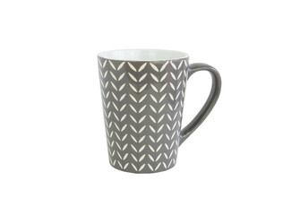 Empty grey ceramic mug with pattern isolated on a white background. .