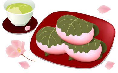 桜色の柏餅と緑茶のセット　背景桜
