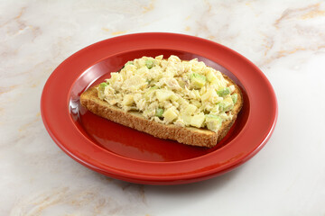 Open face tuna salad sandwich with chopped apple and avocado on whole wheat toast on red luncheon plate