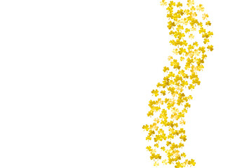 Shamrock background for Saint Patricks Day.  Lucky trefoil confetti. Glitter frame of clover leaves. Template for voucher, special business ad, banner. Greeting shamrock background.