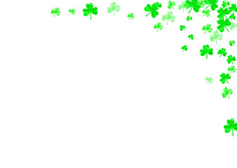 Saint patricks day background with shamrock. Lucky trefoil confetti. Glitter frame of clover leaves. Template for special business offer, banner, flyer. Greeting saint patricks day backdrop.