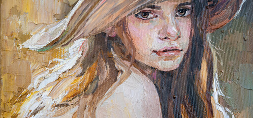 .A woman in a straw hat sits in the sunset. Girl in nature. Oil painting on canvas.