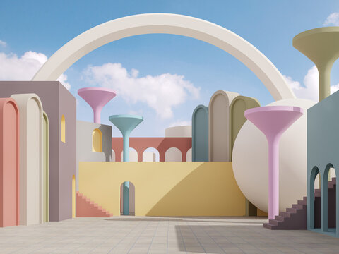 Colorful fantasy exterior 3d render with blue sky background 3d render