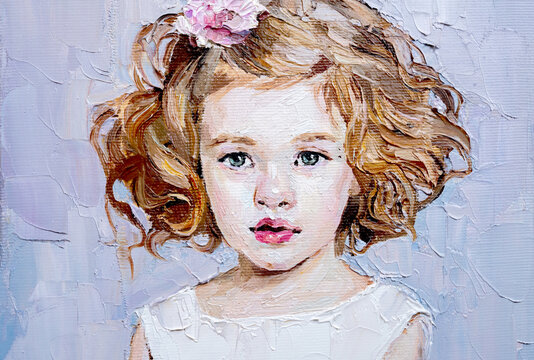 .Little girl in a white dress on a light background. Portrait of a cute curly child. Oil painting on canvas.