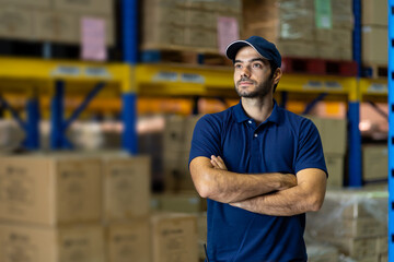 Confident male warehouse worker standing with arms crossed in factory warehouse near of products or parcel goods background. Inspection quality control