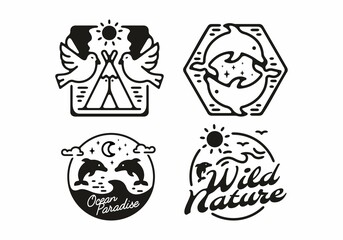 Black line art animal wild life illustration set