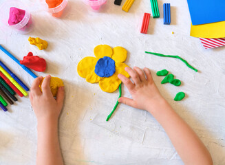 Hands of little girl making flower and sun and other  from colorful clay dough, plasticine, Home...
