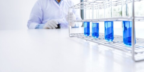 Science innovative Male medical or scientific laboratory researcher performs tests with blue liquid in laboratory. equipment science experiments technology Coronavirus Covid-19 vaccine research