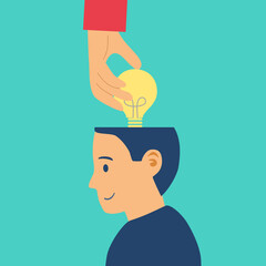 Thief stealing lightbulb from man head in flat design. Business idea thief. Data or idea stealing concept.