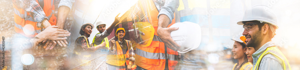 Wall mural double exposure of team railway engineer is on duty in work site with abstract bokeh backgrounds, us