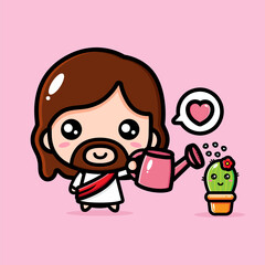 cute cartoon jesus vector design watering cactus flower