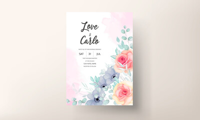 Floral wedding invitation template set with beautiful flowers and leaves decoration