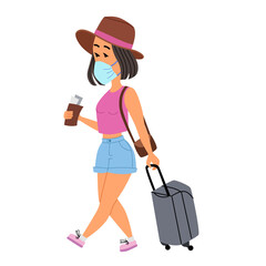 A girl with a suitcase and a mask and a hat is waiting for her transport.