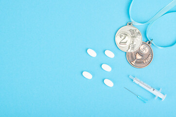 Doping in sport concept. Abuse of anabolic steroids in pills and injections. Pharmaceutical...