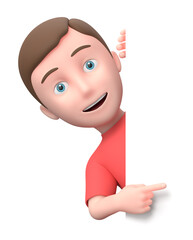 Cute Young Boy Pointing a White Blank Banner. 3D Cartoon Character.