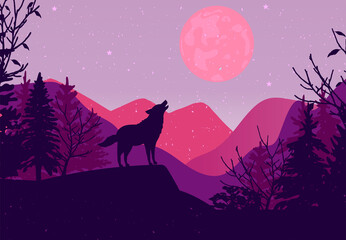 Obraz premium the wolf howls at the moon. Mountain landscape . vector. eps