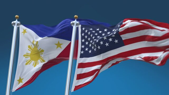 4k Seamless United States of America And Philippines Flags with blue sky background;A fully digital rendering;The flag 3D animation loops at 20 seconds;USA US PHI PH.