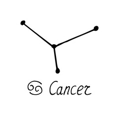 constellation Cancer icon and lettering. hand drawn doodle style. vector, minimalism, monochrome, sketch. zodiac sign, horoscope.